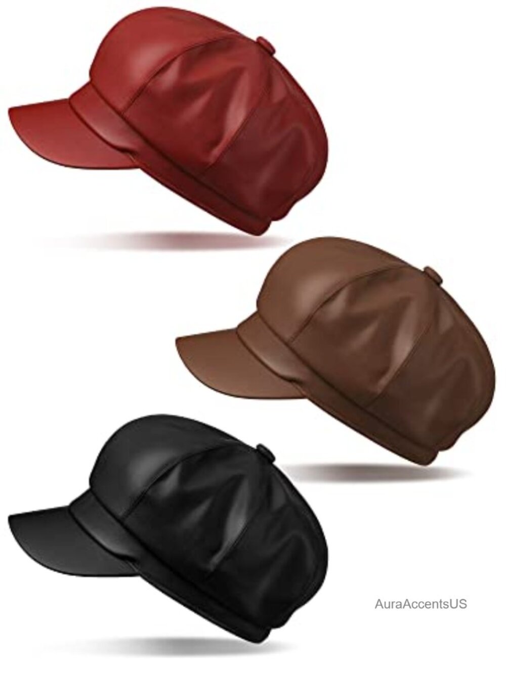 3 Pack PU Leather Newsboy Hats Women Beret Cabbie Cap